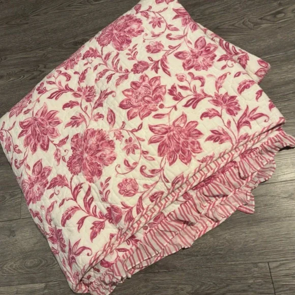 Shabby Chic KING linen cotton blanket purple pink berry rose floral quilt - Picture 2 of 5